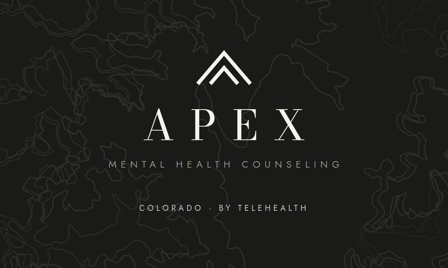 Front of the Apex business card: the logo in off-white on near-black, over faint Colorado contour lines, with Colorado, by telehealth along the bottom.