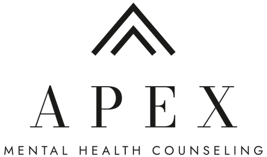 The Apex logo: two nested chevrons like stacked ridgelines above the word APEX in a high-contrast serif, with Mental Health Counseling spaced out beneath.